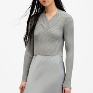 All Saints Grey Ribbed V-Neck Sweater